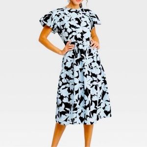 Who What Wear Black & Blue Floral Puff Sleeve Midi Dress